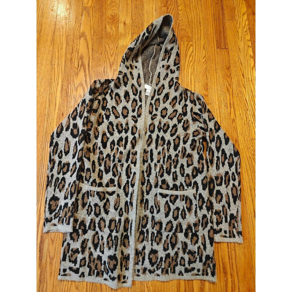 BY DESIGN Retro Sweater Leopard Print Open Front Cardigan Hooded Cozy Large